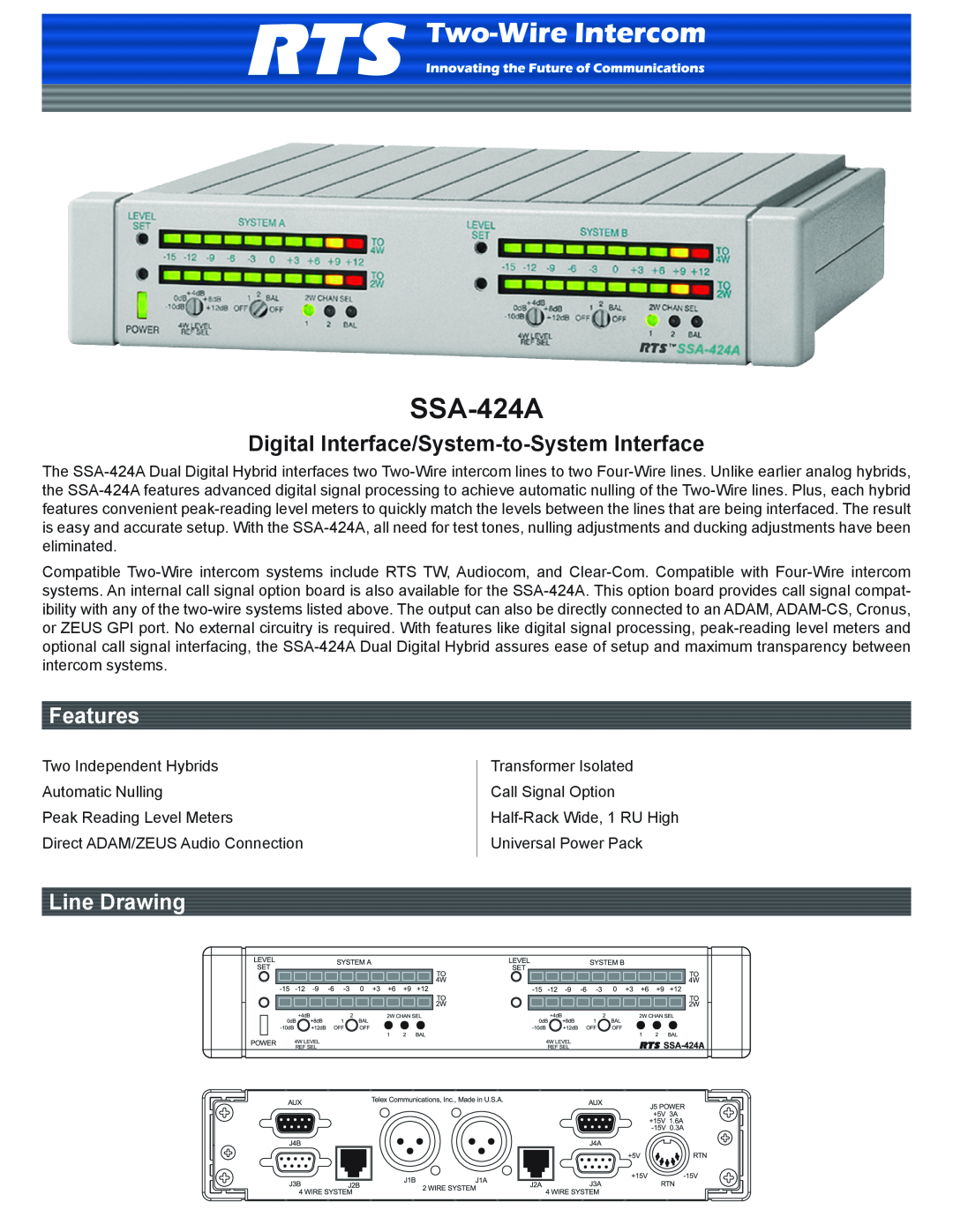 RTS SSA-424A manual Digital Interface/System-to-System Interface, Features, Line Drawing 