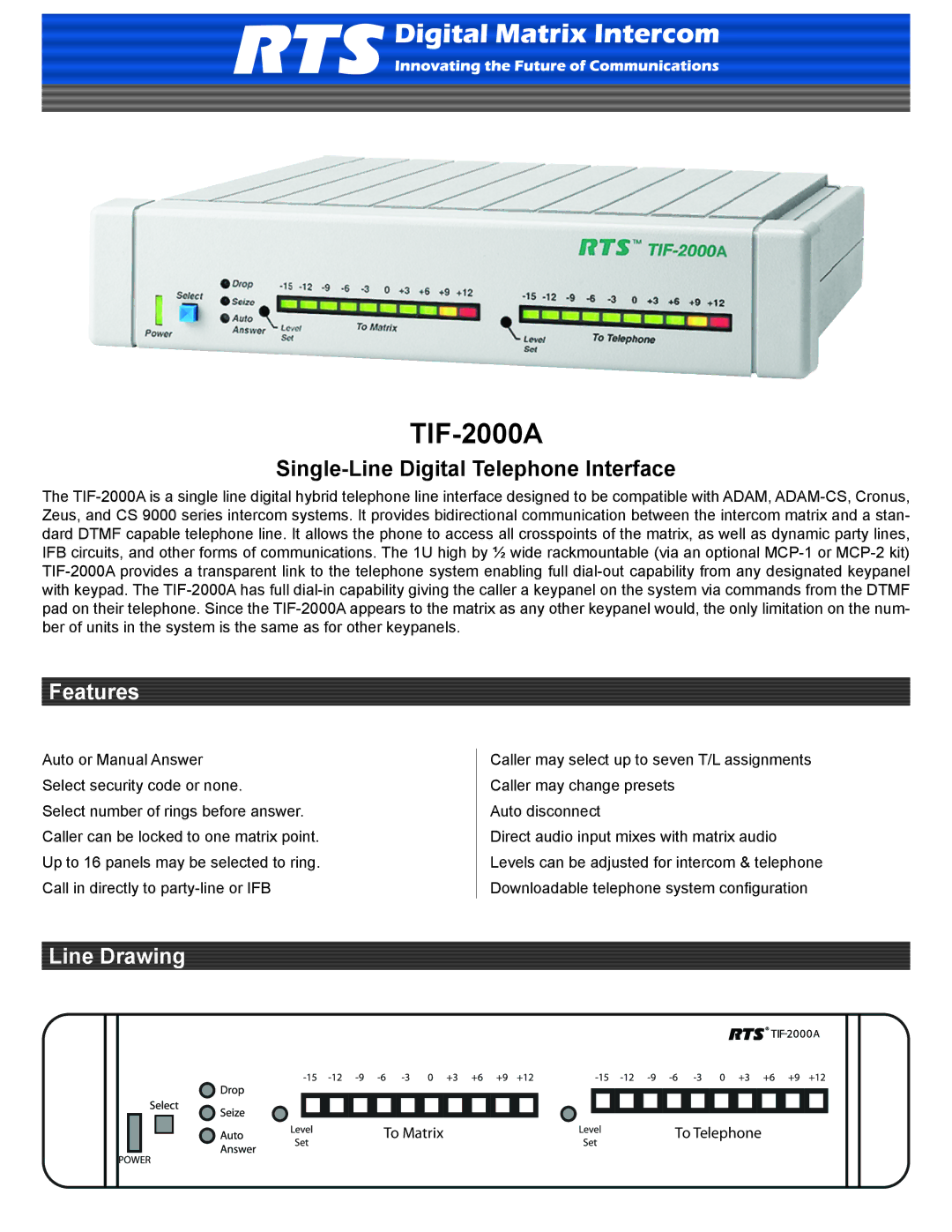 RTS TIF-2000A manual Single-Line Digital Telephone Interface, Features, Line Drawing 