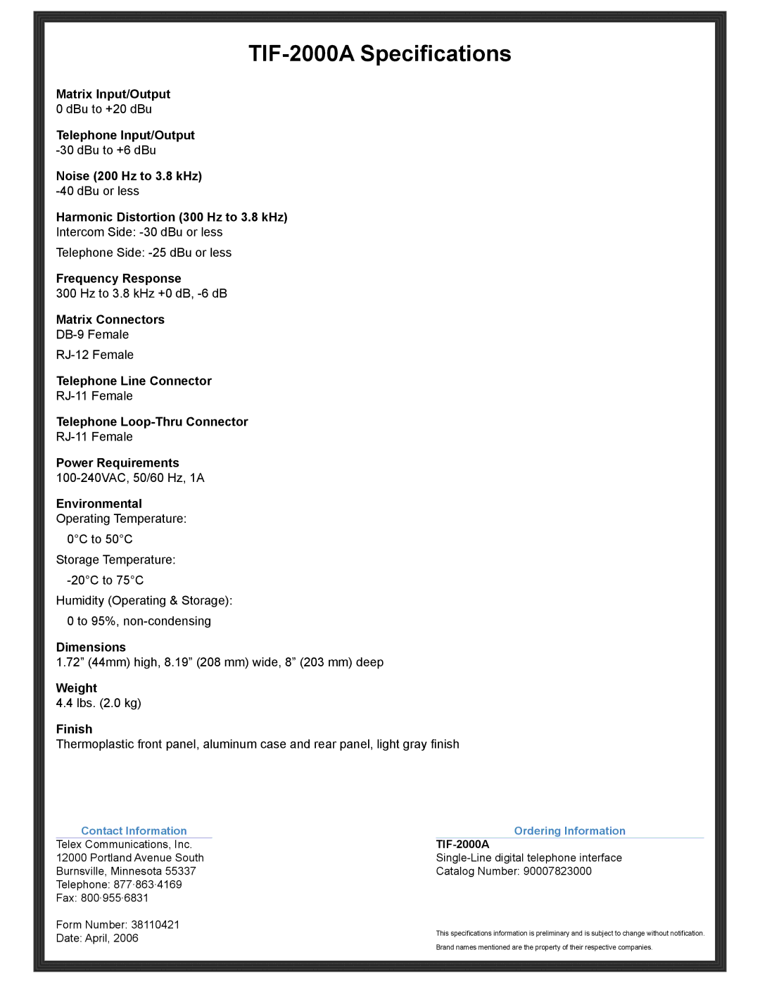 RTS manual TIF-2000A Specifications 