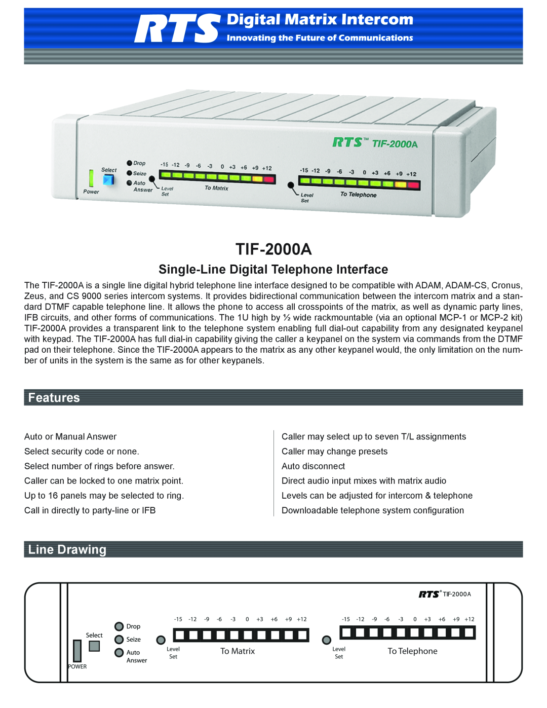 RTS TIF-2000A manual Single-Line Digital Telephone Interface, Features, Line Drawing 