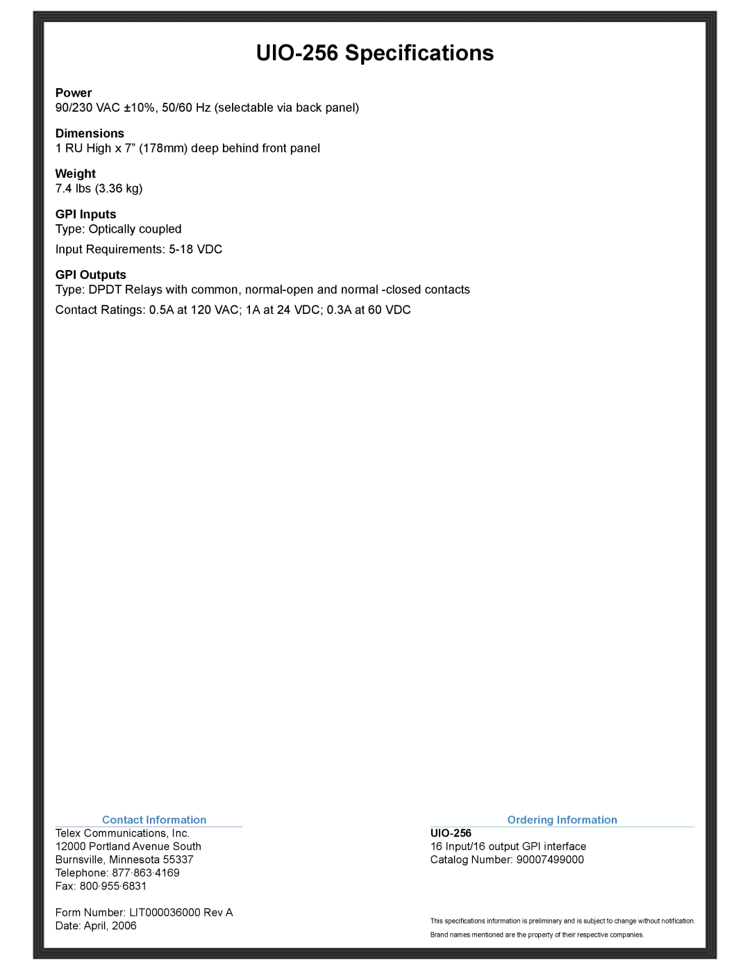 RTS manual UIO-256 Specifications 