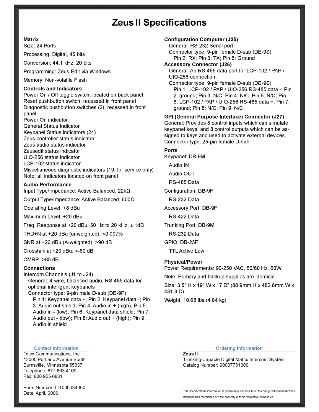 RTS manual Zeus II Specifications 