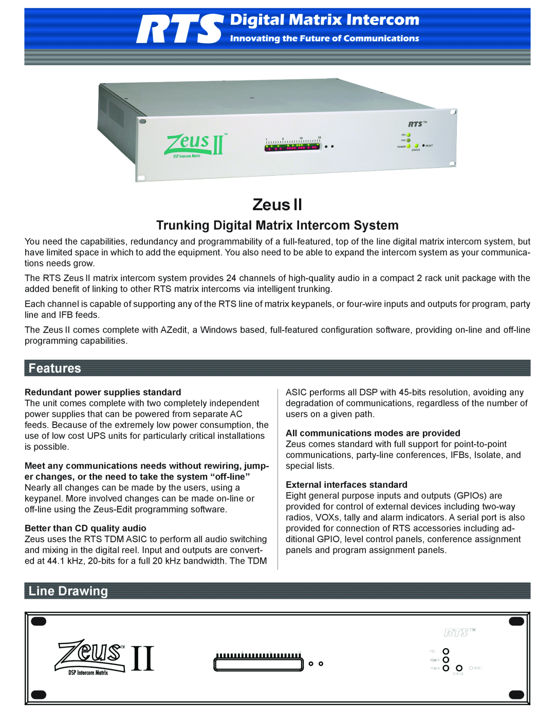 RTS Zeus II manual Redundant power supplies standard, Better than CD quality audio, All communications modes are provided 