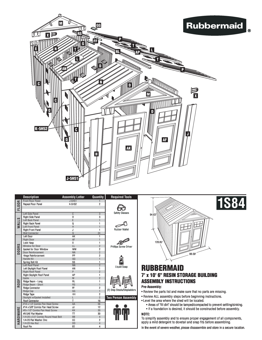 Rubbermaid 1S84 manual K-5H52, 7 x 10 6 RESIN STORAGE BUILDING ASSEMBLY INSTRUCTIONS, J-5H51, Floor, Walls, Doors, Roof 