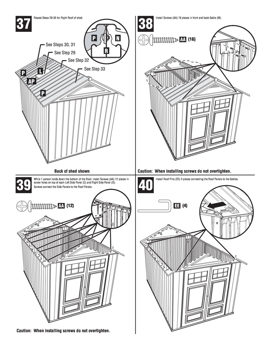 Rubbermaid 1S84 manual Back of shed shown, See Steps, Caution When installing screws do not overtighten 