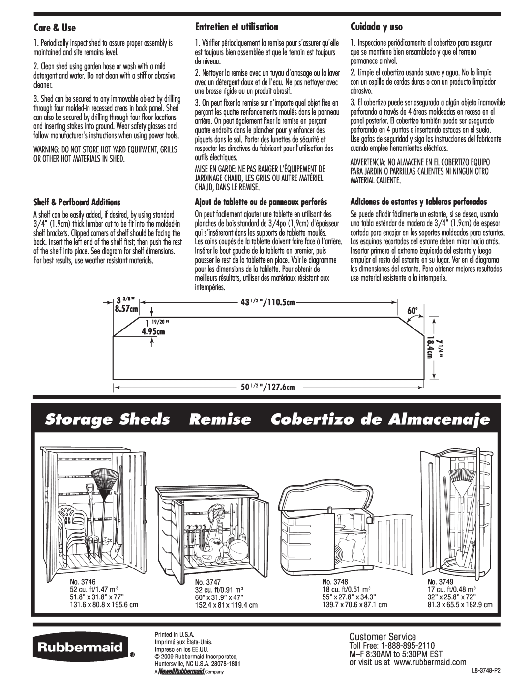 Rubbermaid 3746 manual Storage Sheds, Remise, Cobertizo de Almacenaje, Care & Use, Entretien et utilisation, Cuidado y uso 
