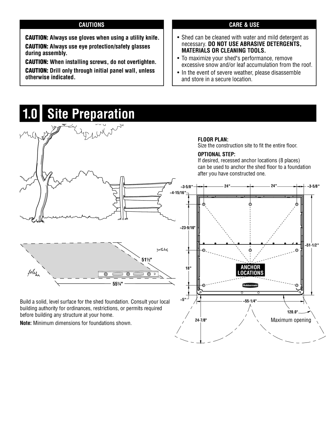 Rubbermaid 5L20 instruction manual Site Preparation, Care & USE 