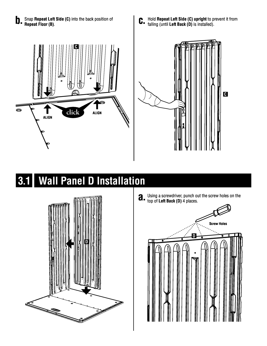 Rubbermaid 5L20 instruction manual Wall Panel D Installation a, click ALIGN, Align, Screw Holes 