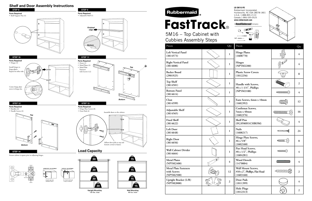 Rubbermaid 5M16 manual Shelf and Door Assembly Instructions, Load Capacity 