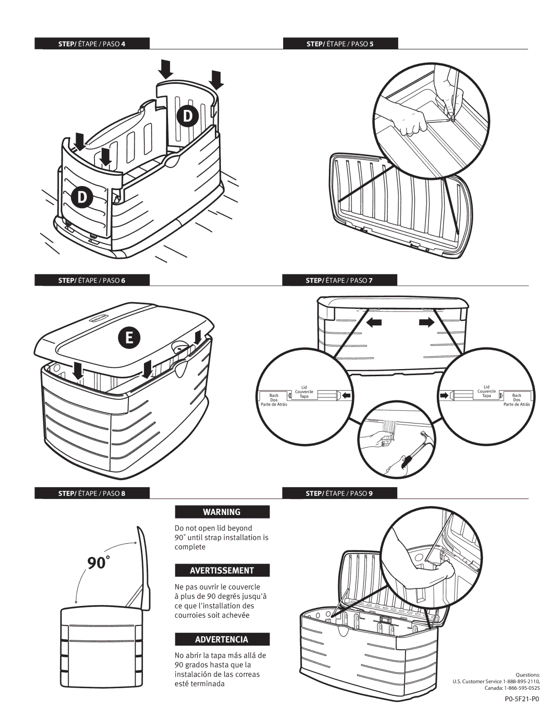 Rubbermaid P0-5F21-P0 manual 90˚ Avertissement, Advertencia 