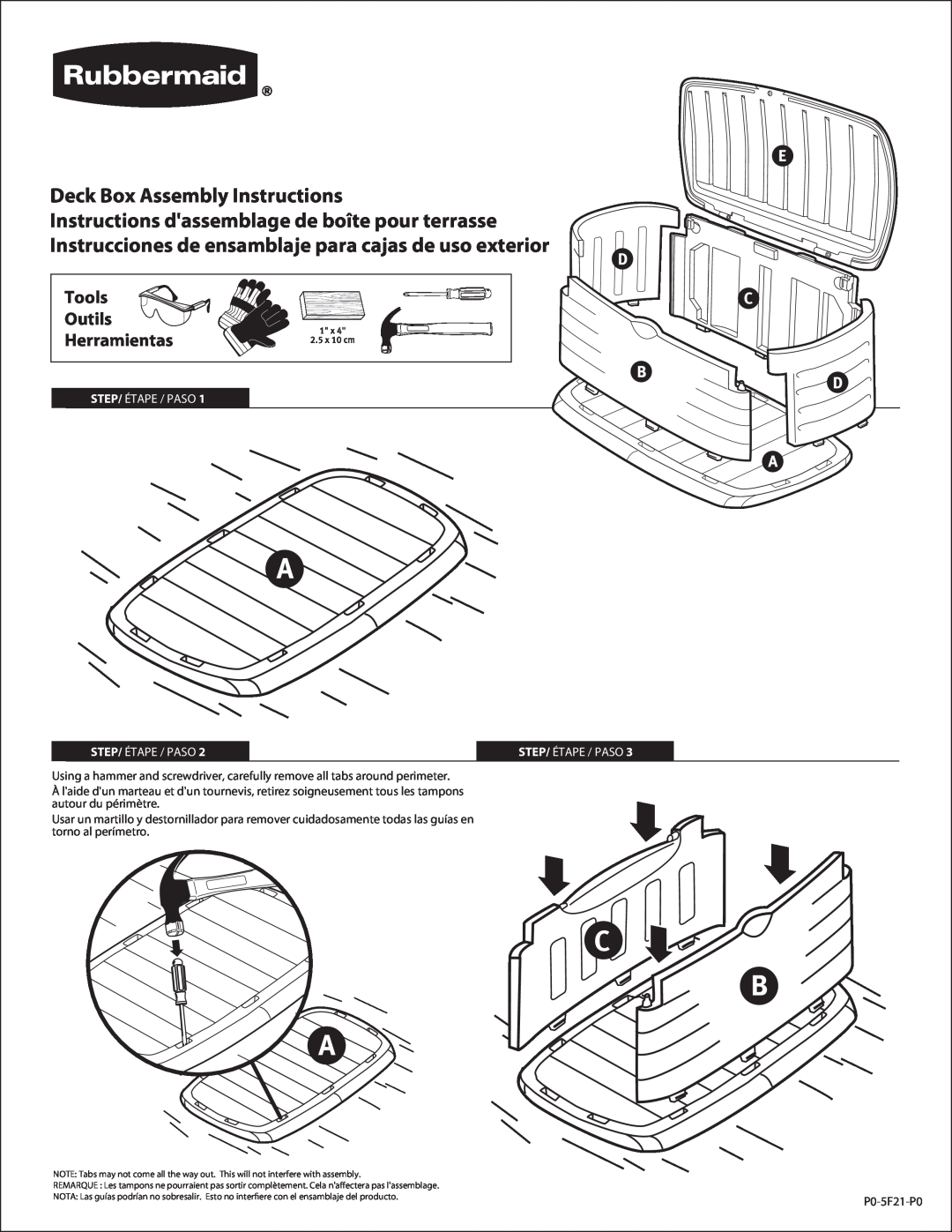 Rubbermaid P0-5F21-P0 manual C B A, Step/ Étape / Paso, Deck Box Assembly Instructions, Tools Outils Herramientas 