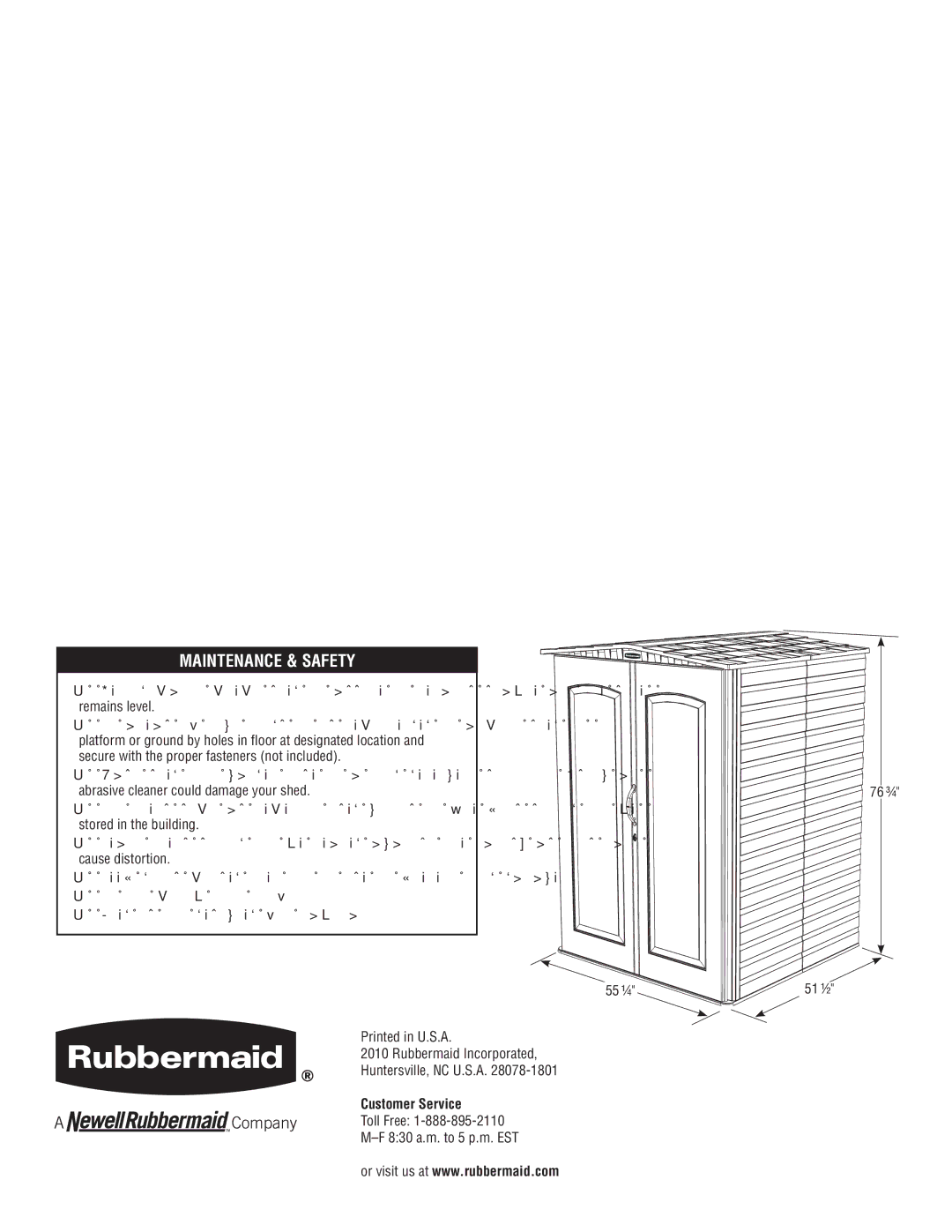 Rubbermaid P0-5L20-P0 instruction manual Maintenance & Safety 