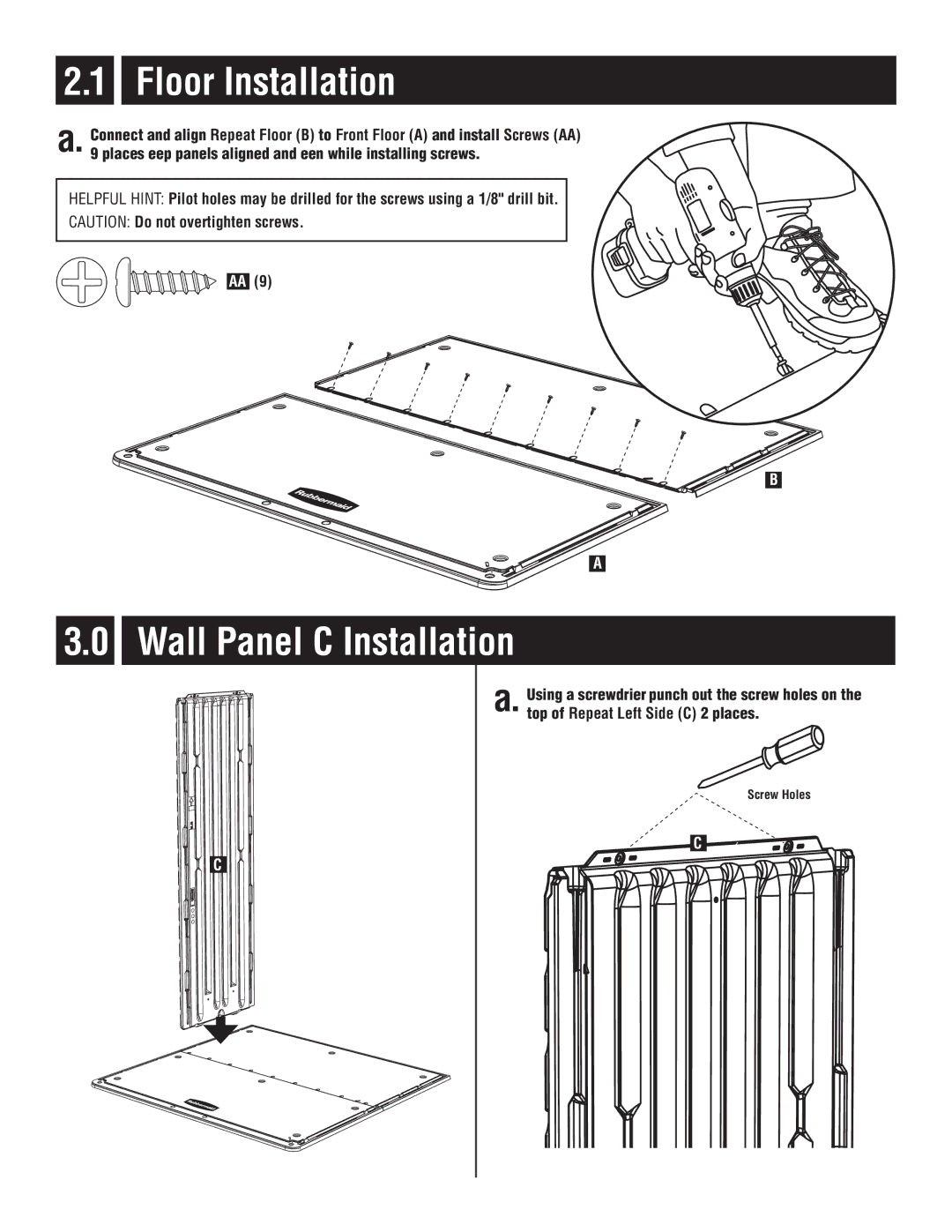 Rubbermaid P0-5L20-P0 instruction manual Wall Panel C Installation 