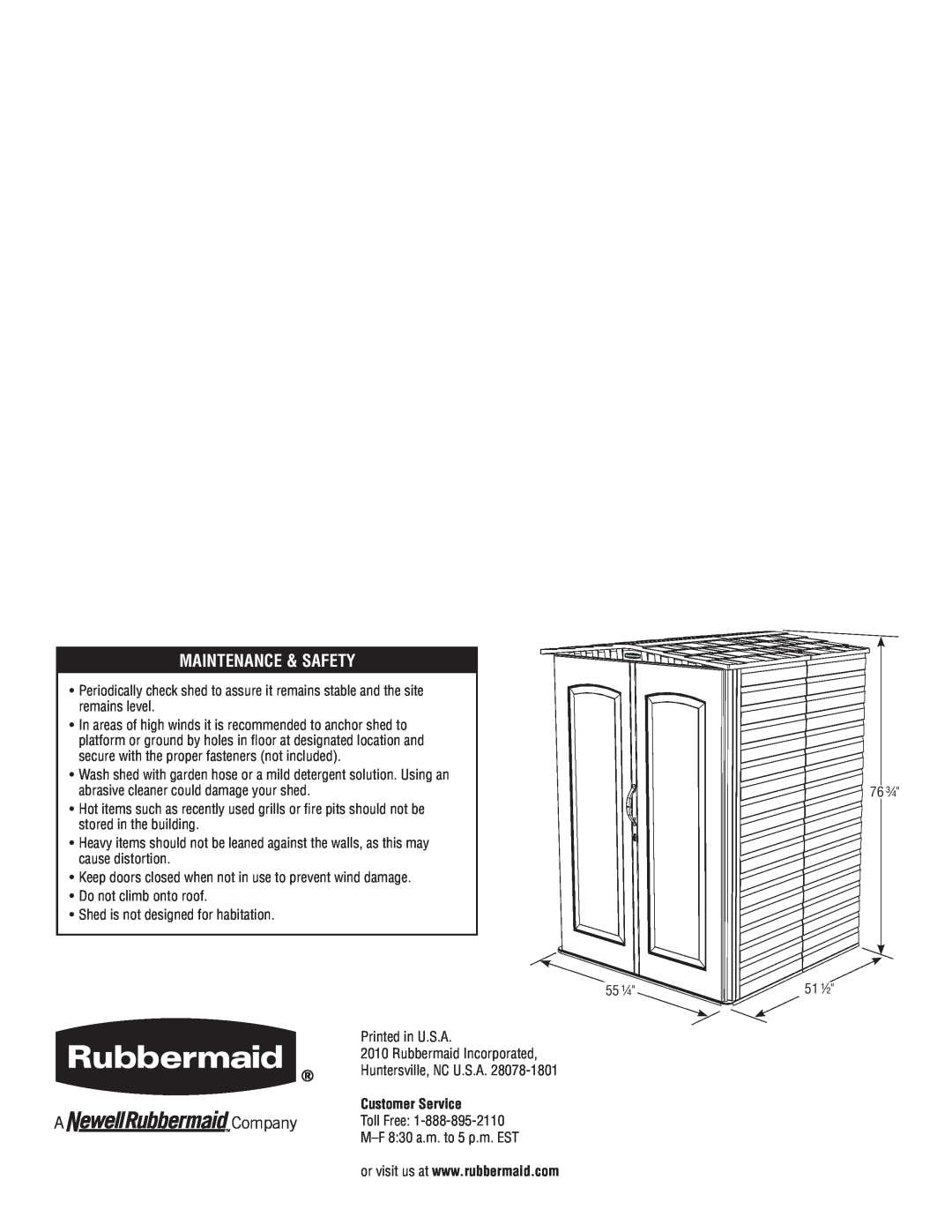 Rubbermaid P0-5L20-P0 instruction manual Maintenance & Safety, Customer Service 
