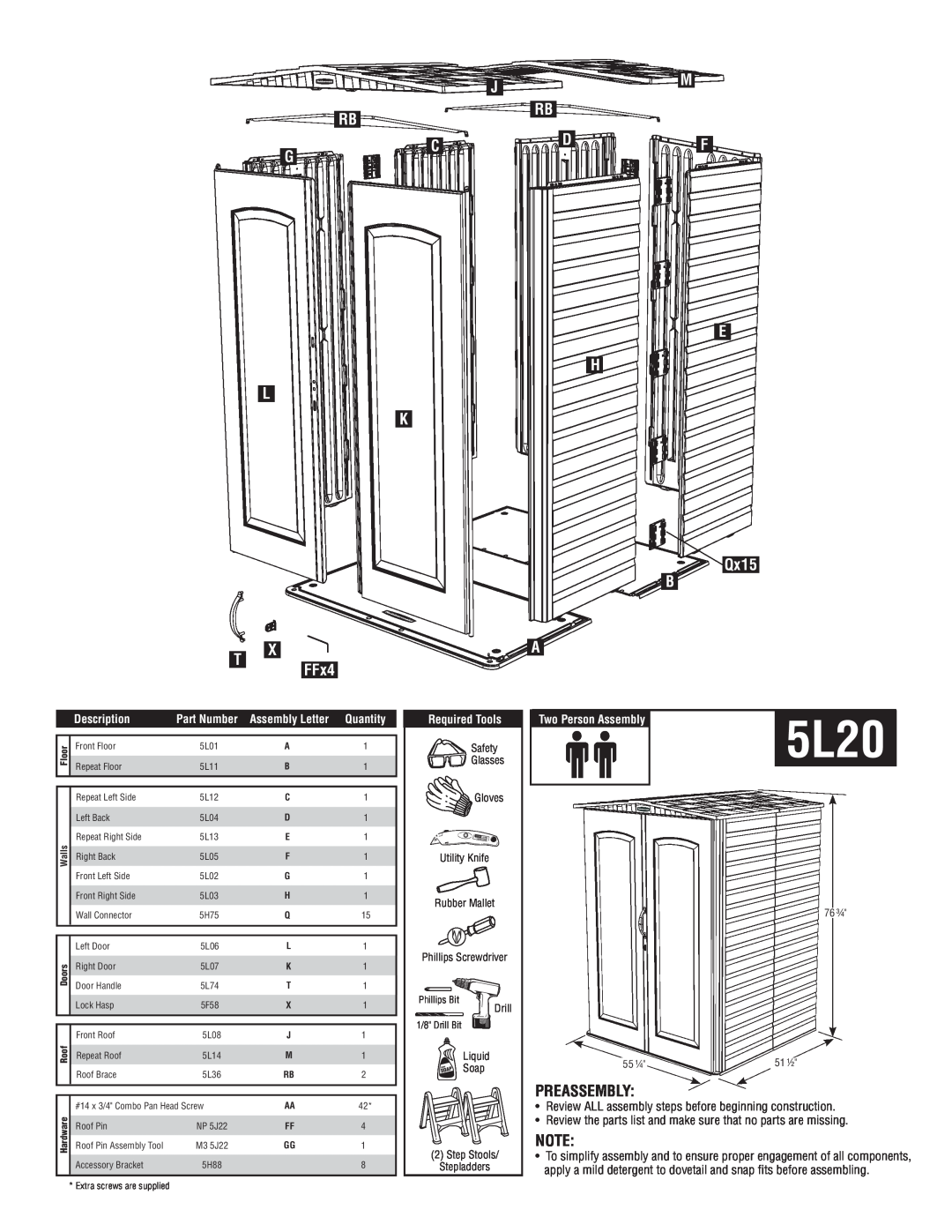 Rubbermaid P0-5L20-P0 instruction manual Preassembly 