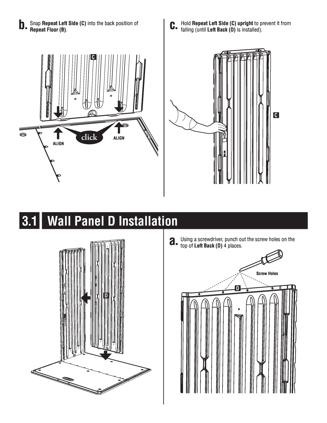 Rubbermaid P0-5L20-P0 instruction manual Wall Panel D Installation a, click ALIGN, Align, Screw Holes 