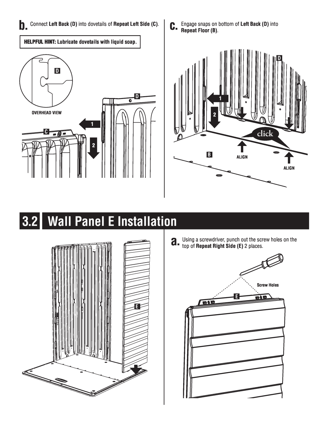 Rubbermaid P0-5L20-P0 Wall Panel E Installation, click, HELPFUL HINT Lubricate dovetails with liquid soap, Overhead View 