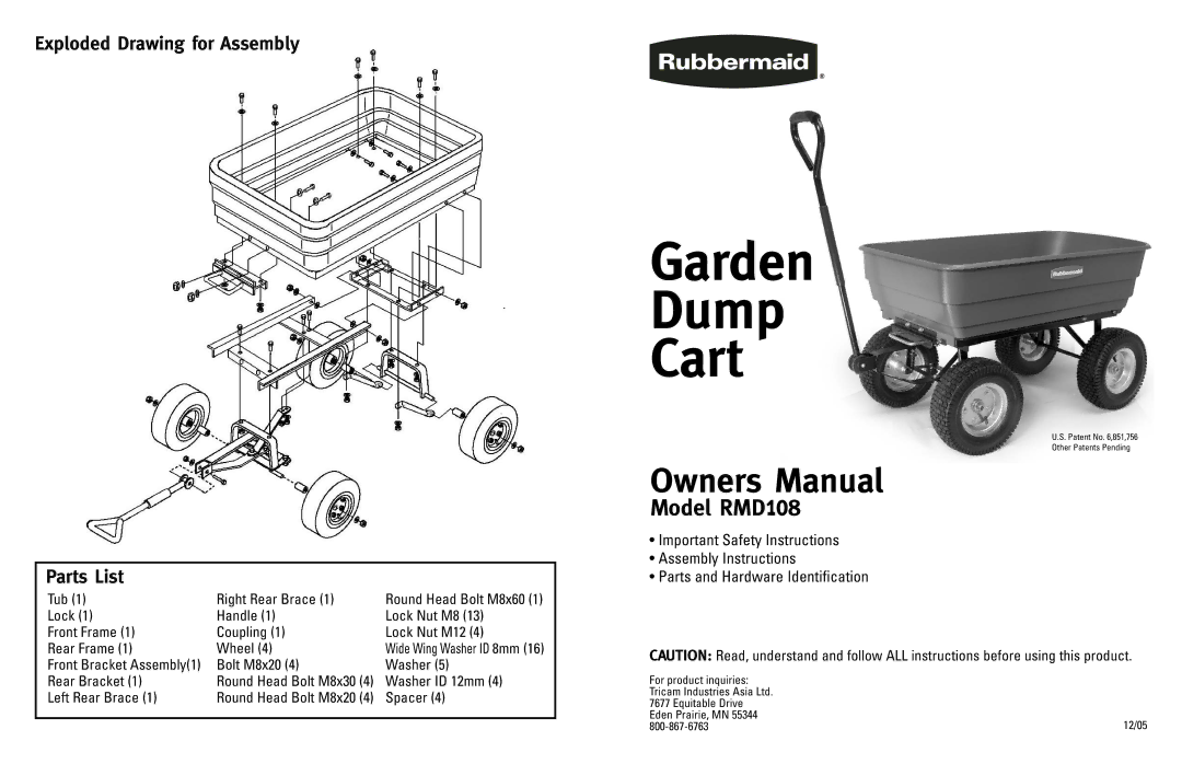 Rubbermaid owner manual Garden Dump Cart, Model RMD108, Exploded Drawing for Assembly Parts List 