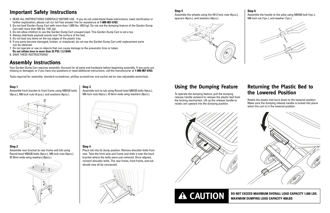 Rubbermaid RMD108 owner manual Important Safety Instructions, Assembly Instructions, Using the Dumping Feature, Step 