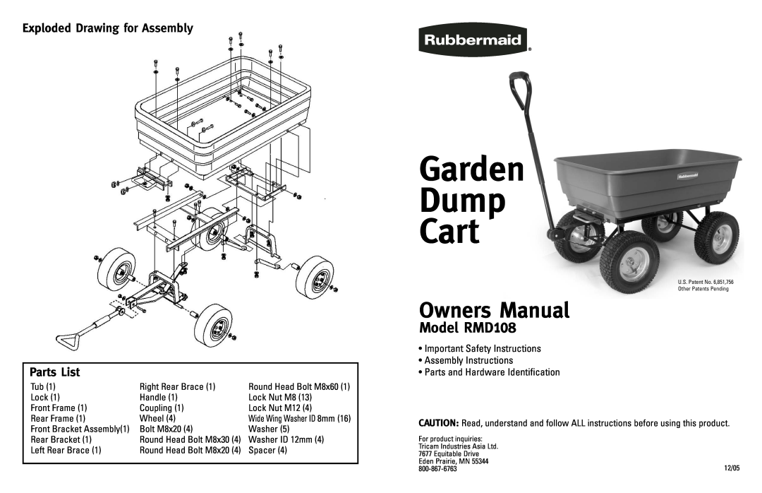 Rubbermaid owner manual Exploded Drawing for Assembly Parts List, Garden Dump Cart, Model RMD108, Assembly Instructions 