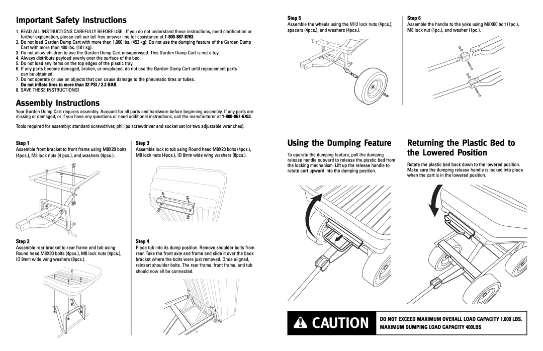 Rubbermaid RMD108 owner manual Important Safety Instructions, Assembly Instructions, Using the Dumping Feature, Step 
