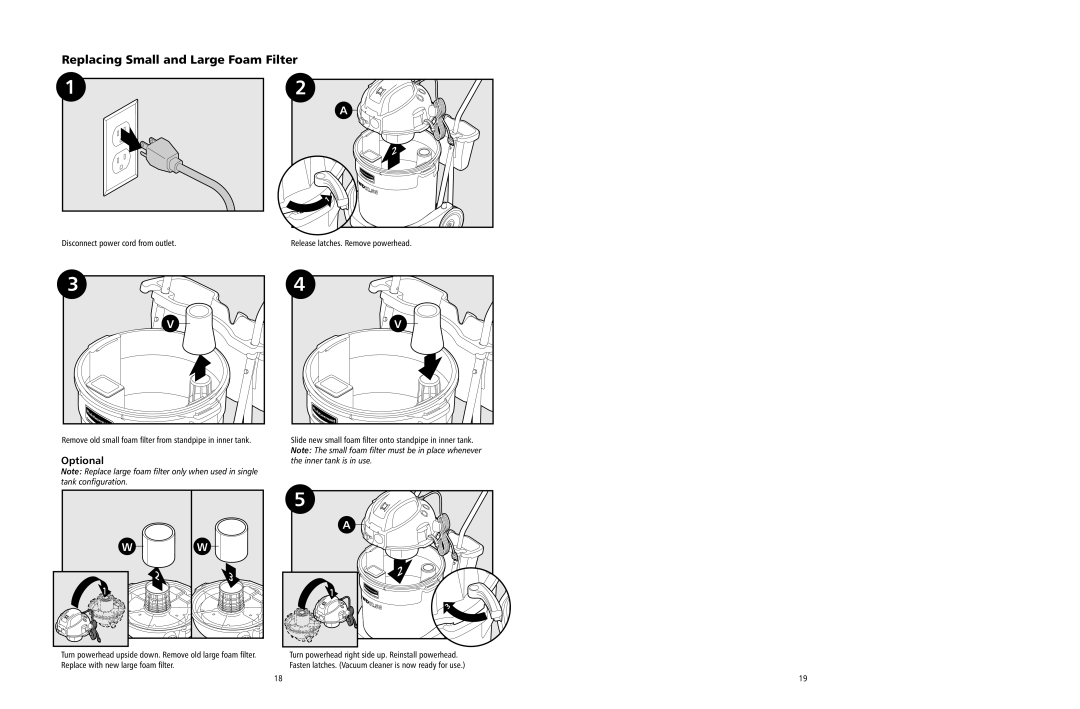 Rubbermaid WD12.5G owner manual Replacing Small and Large Foam Filter, Optional 