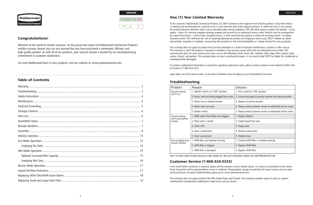 Rubbermaid WD12.5G Congratulations, Table of Contents, One 1 Year Limited Warranty, Troubleshooting, Customer Service 