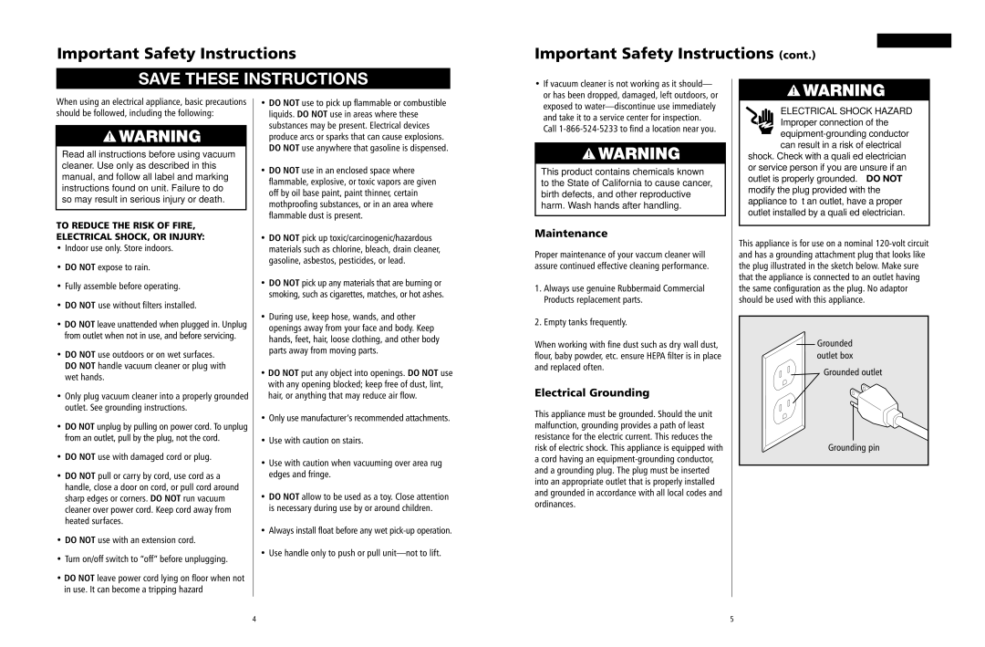 Rubbermaid WD12.5G owner manual Maintenance, Electrical Grounding 