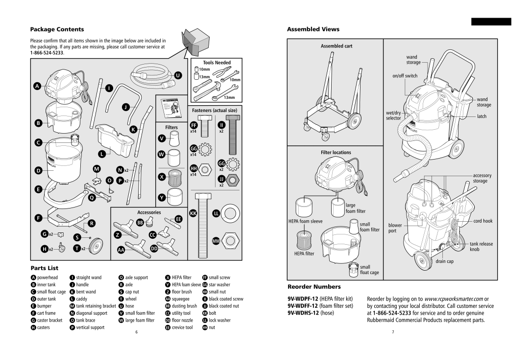 Rubbermaid WD12.5G owner manual Package Contents, Assembled Views, Parts List, Reorder Numbers, 9V-WDHS-12 hose 