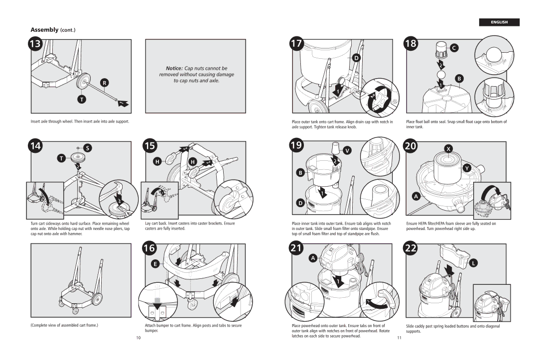 Rubbermaid WD12.5G owner manual Assembly, Removed without causing damage To cap nuts and axle 