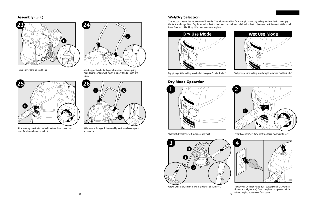 Rubbermaid WD12.5G owner manual Wet/Dry Selection, Dry Mode Operation 