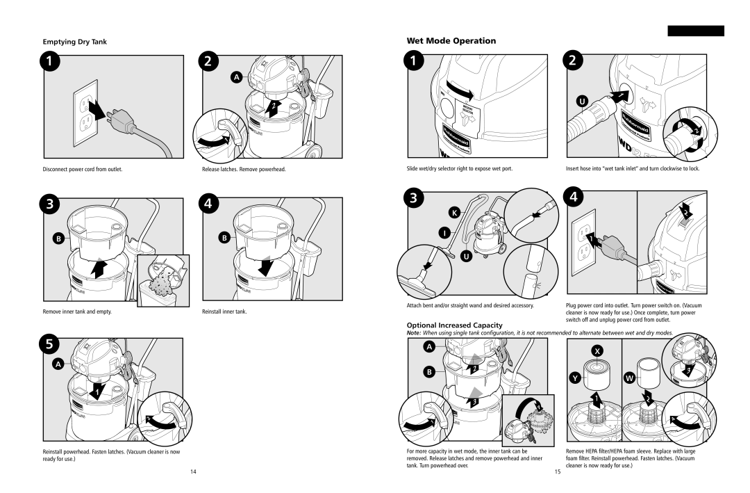Rubbermaid WD12.5G owner manual Wet Mode Operation, Emptying Dry Tank, Optional Increased Capacity 