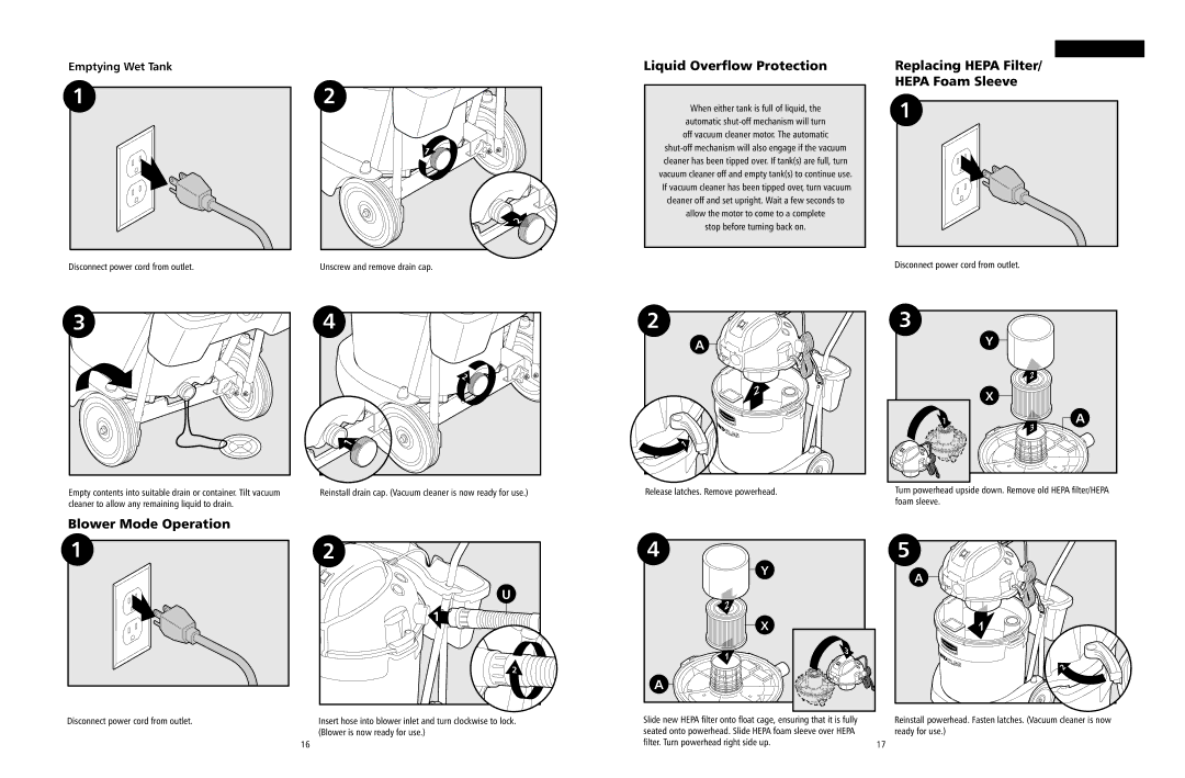 Rubbermaid WD12.5G owner manual Liquid Overflow Protection, Replacing Hepa Filter Hepa Foam Sleeve, Blower Mode Operation 