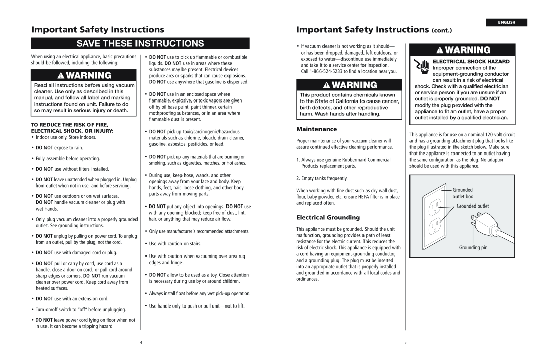 Rubbermaid WD12.5G Save These Instructions, Important Safety Instructions cont, Maintenance, Electrical Grounding 
