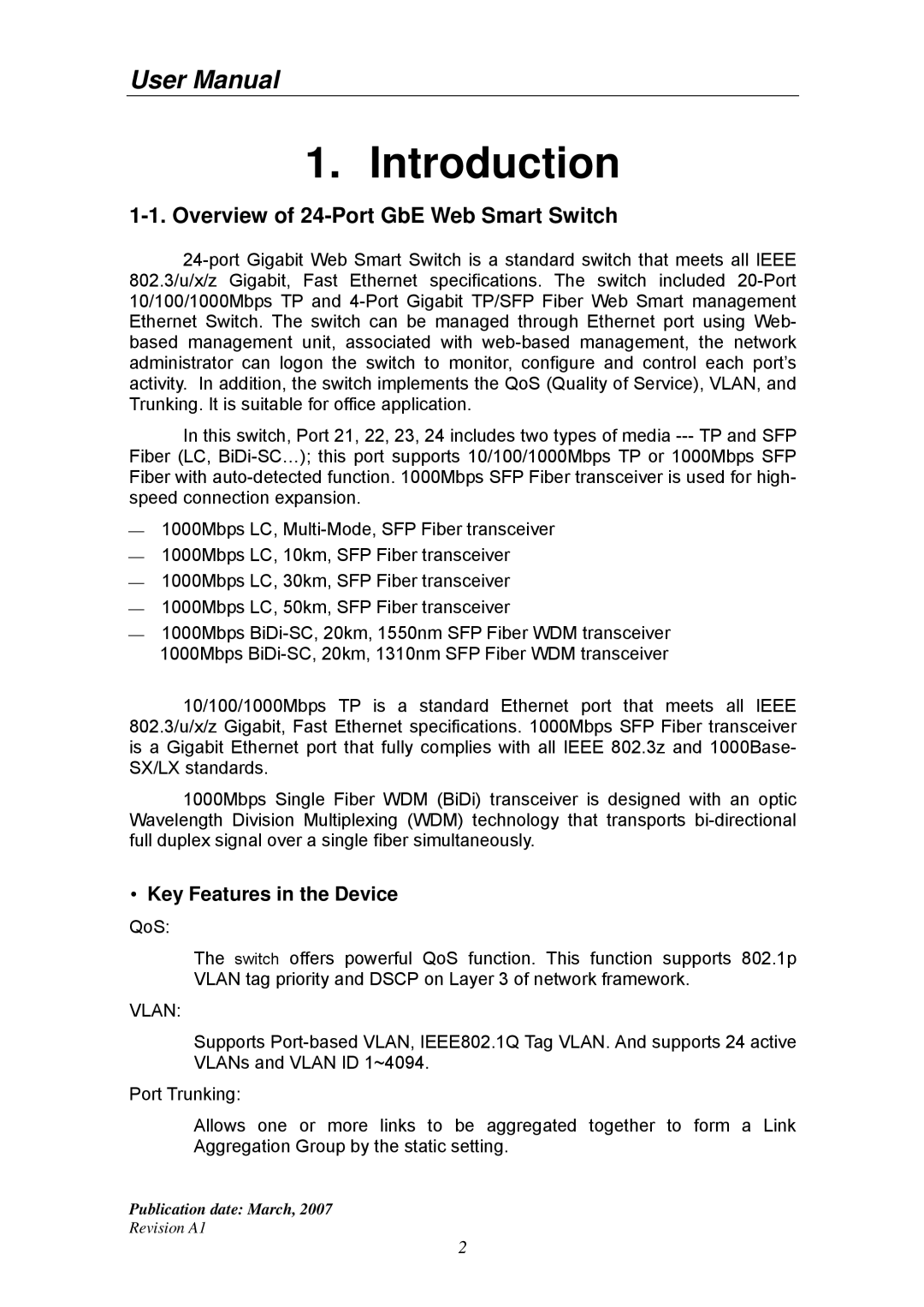 Ruby Tech GS-1224L manual Overview of 24-Port GbE Web Smart Switch, Key Features in the Device, Vlan 