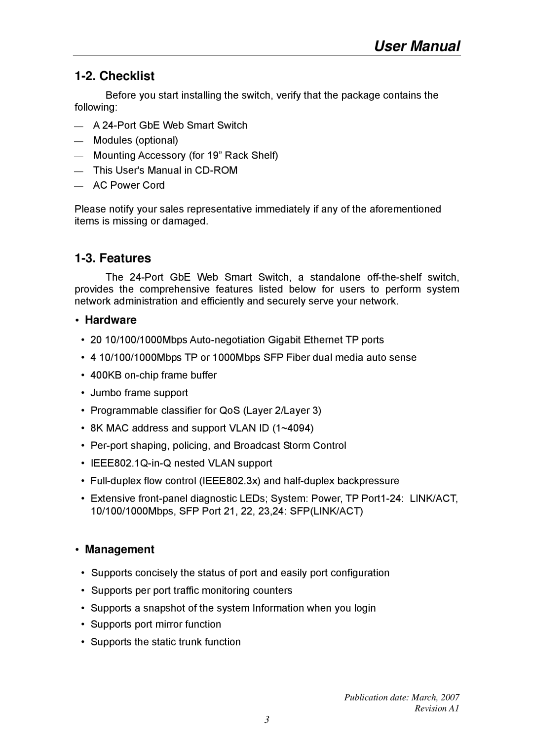 Ruby Tech GS-1224L manual Checklist, Features, Hardware, Management 