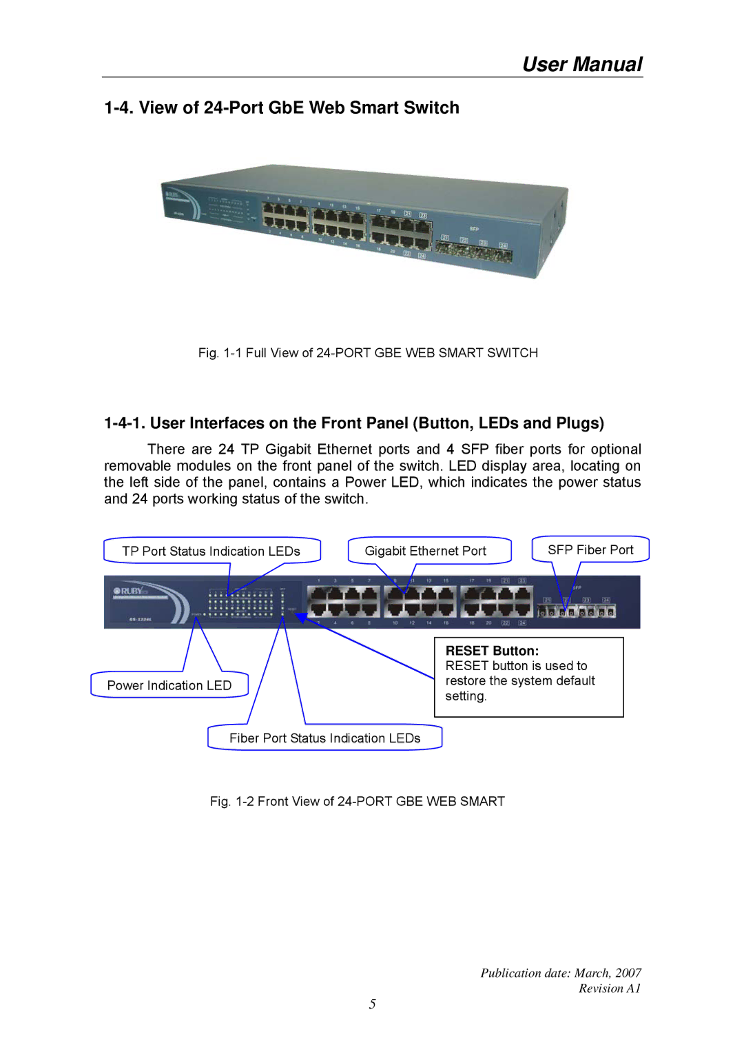 Ruby Tech GS-1224L manual View of 24-Port GbE Web Smart Switch, User Interfaces on the Front Panel Button, LEDs and Plugs 