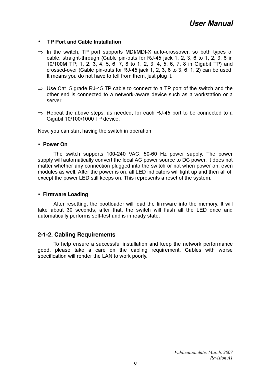 Ruby Tech GS-1224L manual Cabling Requirements, TP Port and Cable Installation, Power On, Firmware Loading 