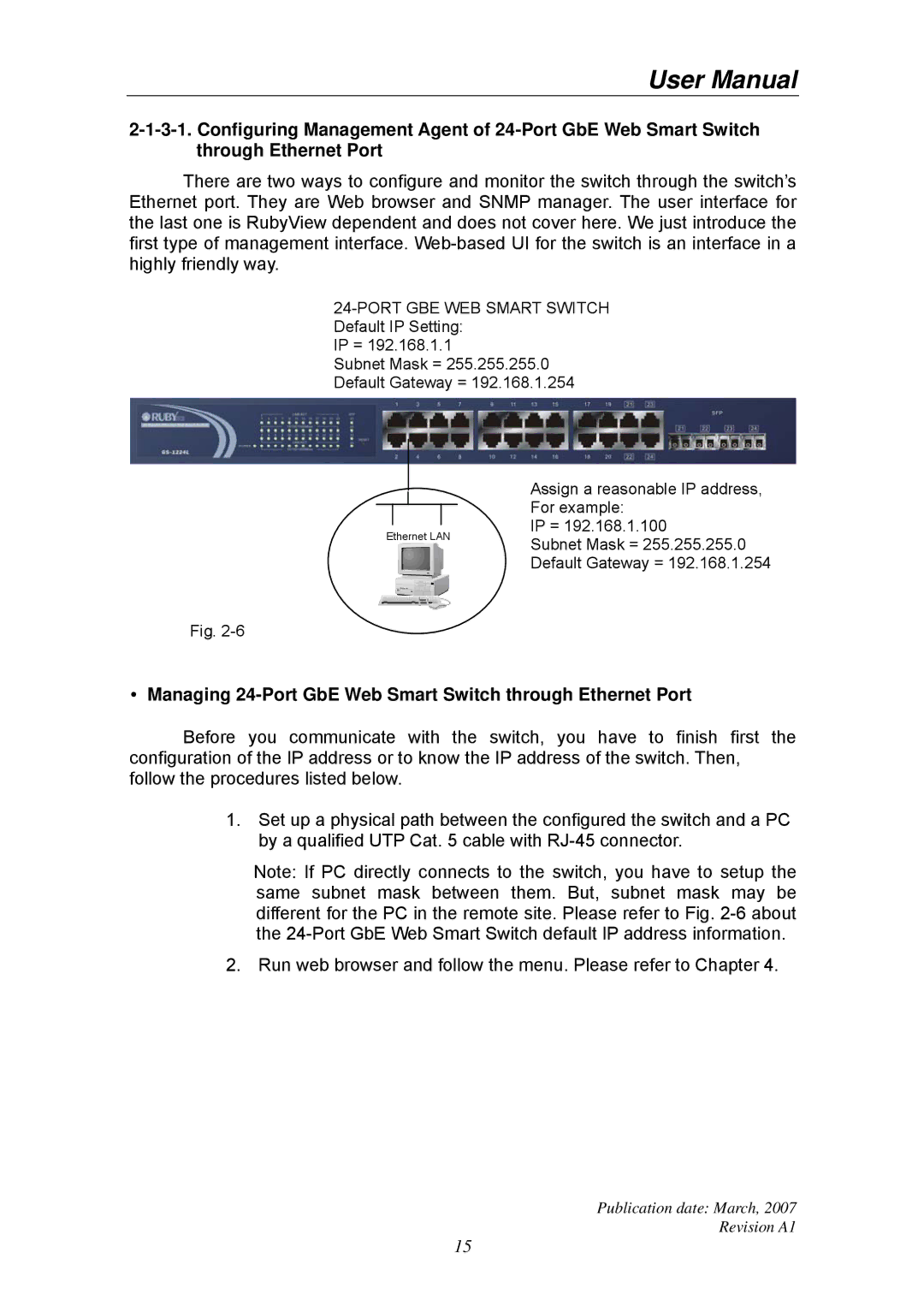 Ruby Tech GS-1224L manual Managing 24-Port GbE Web Smart Switch through Ethernet Port, Port GBE WEB Smart Switch 