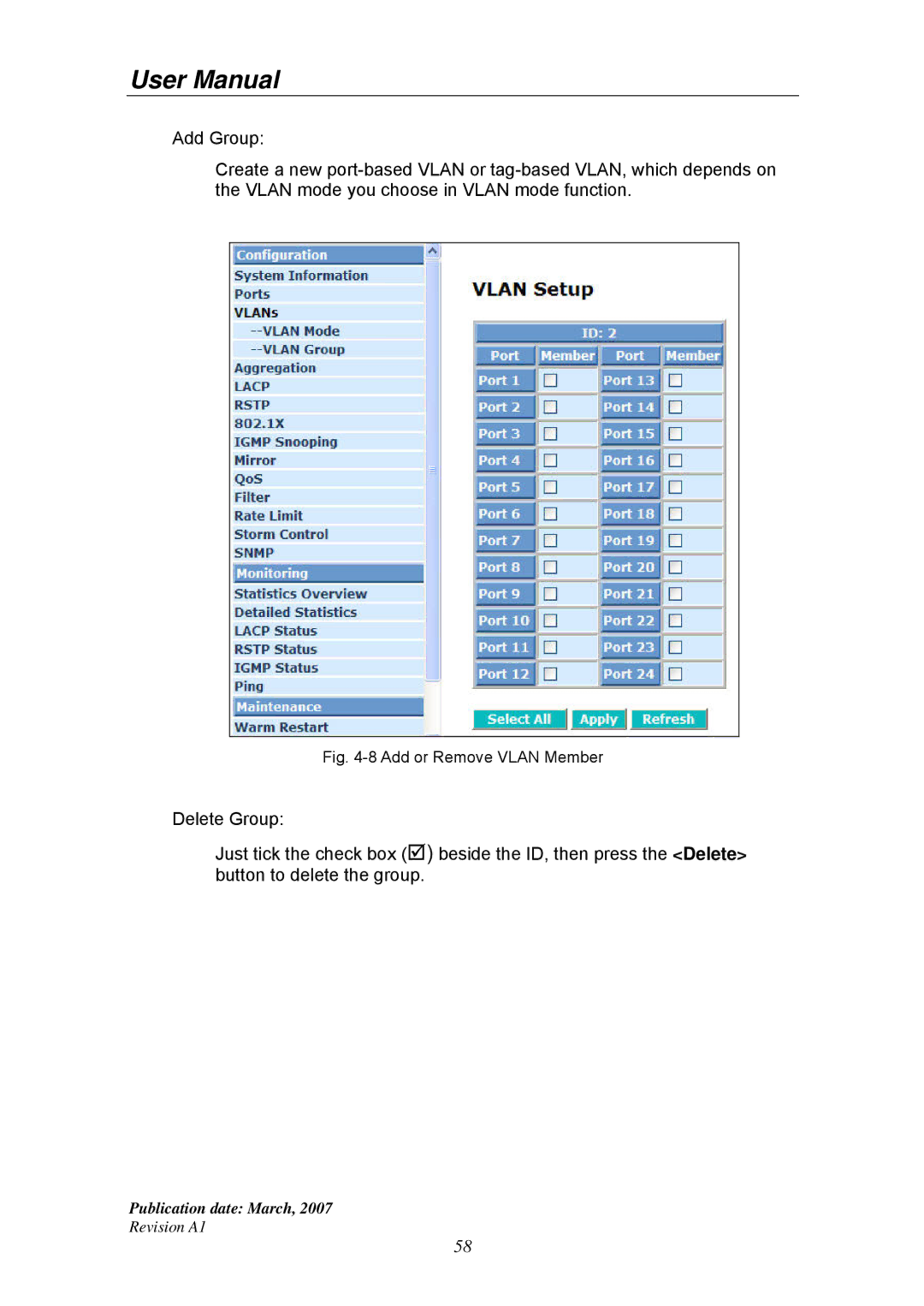 Ruby Tech GS-1224L manual Add or Remove Vlan Member 