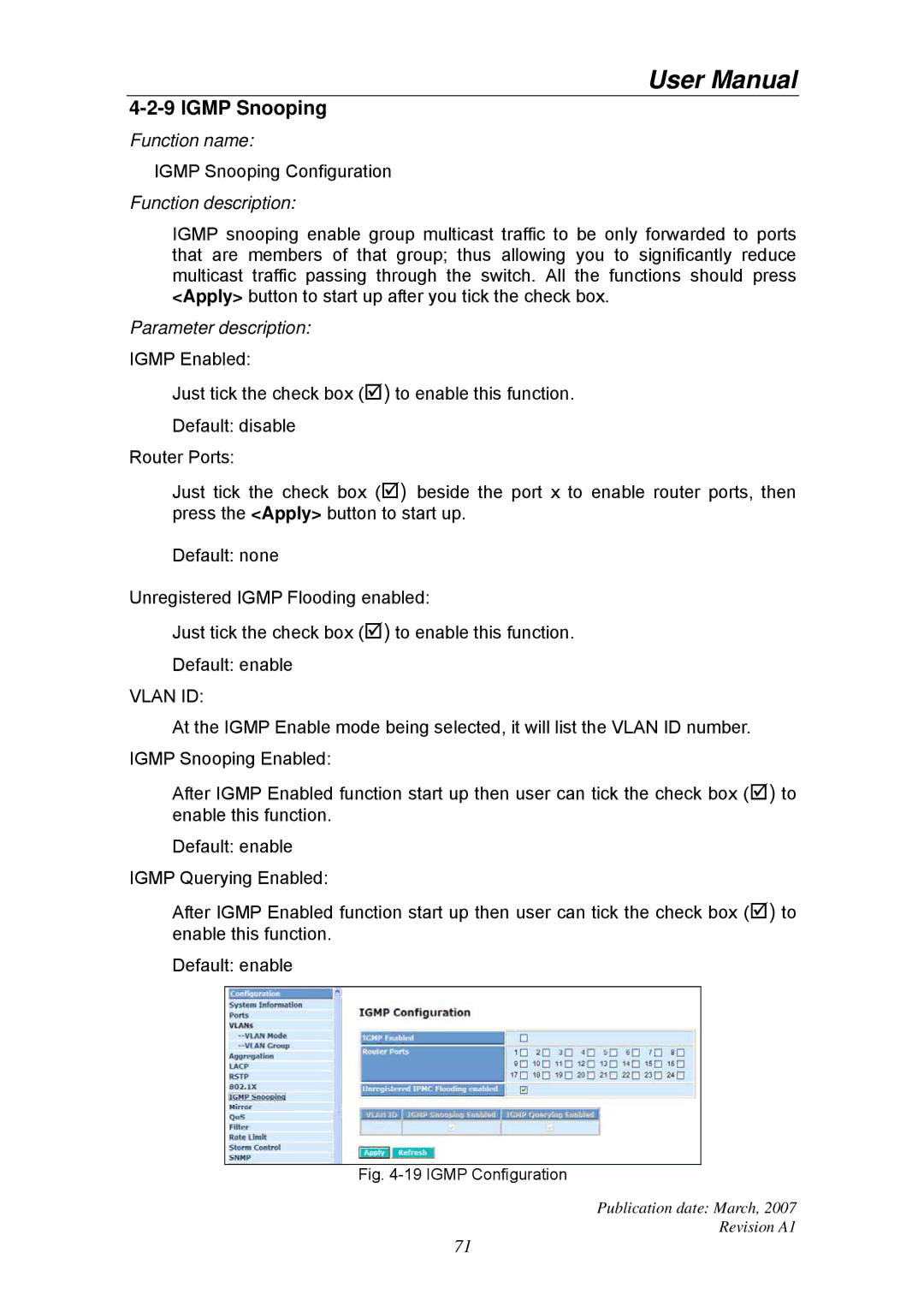 Ruby Tech GS-1224L manual Igmp Snooping, Vlan ID 