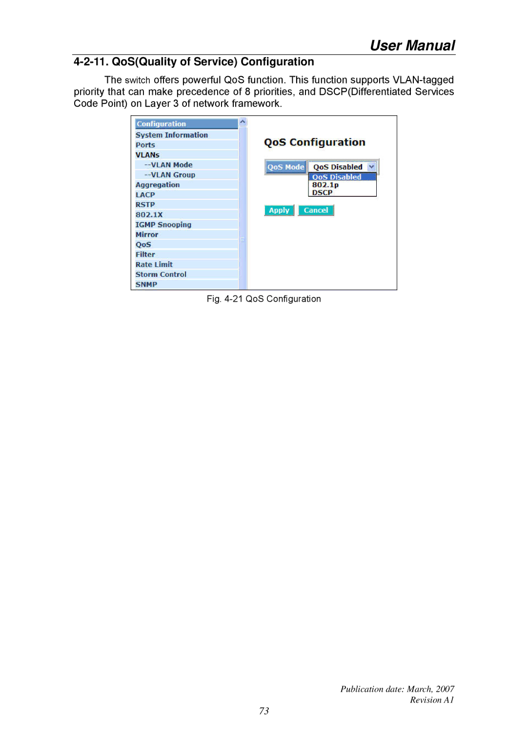 Ruby Tech GS-1224L manual QoSQuality of Service Configuration, QoS Configuration 