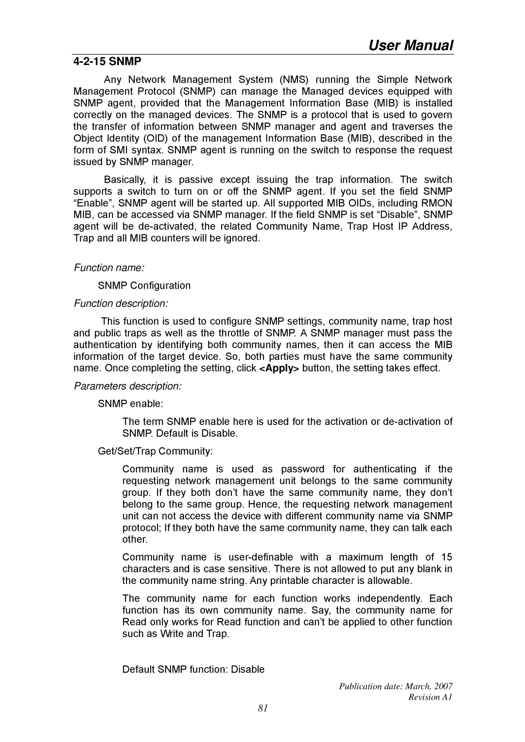 Ruby Tech GS-1224L manual Snmp, Parameters description 