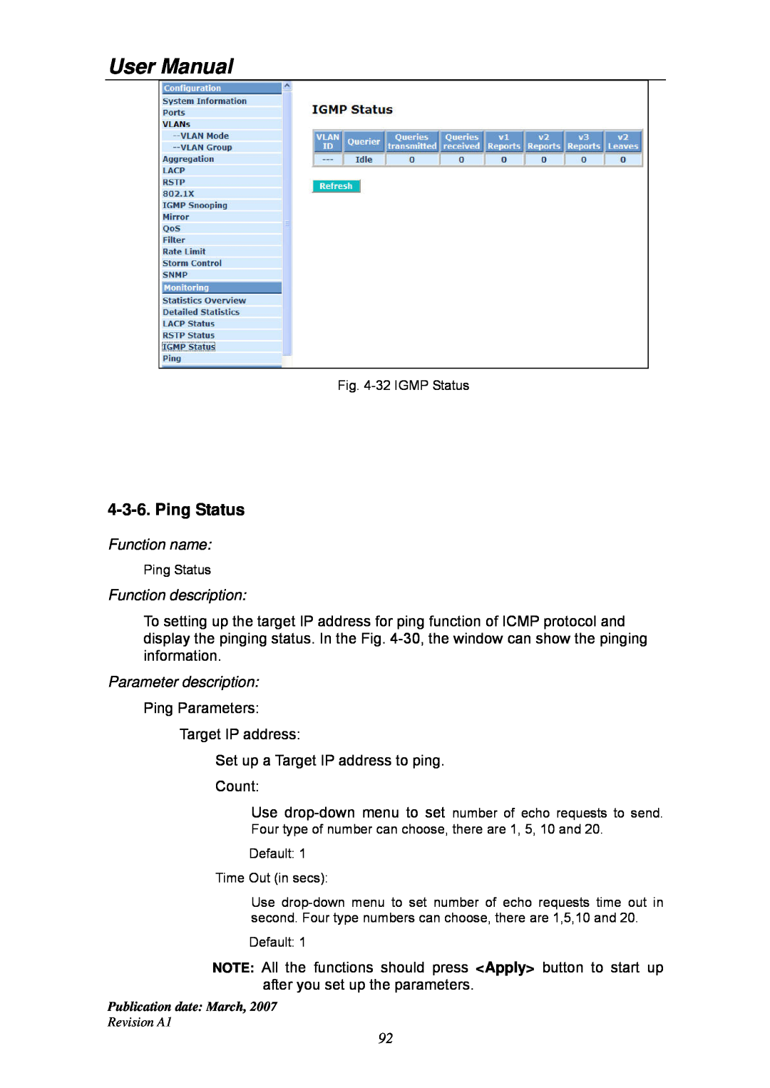 Ruby Tech GS-1224L manual Ping Status, User Manual, Function name, Function description, Parameter description 