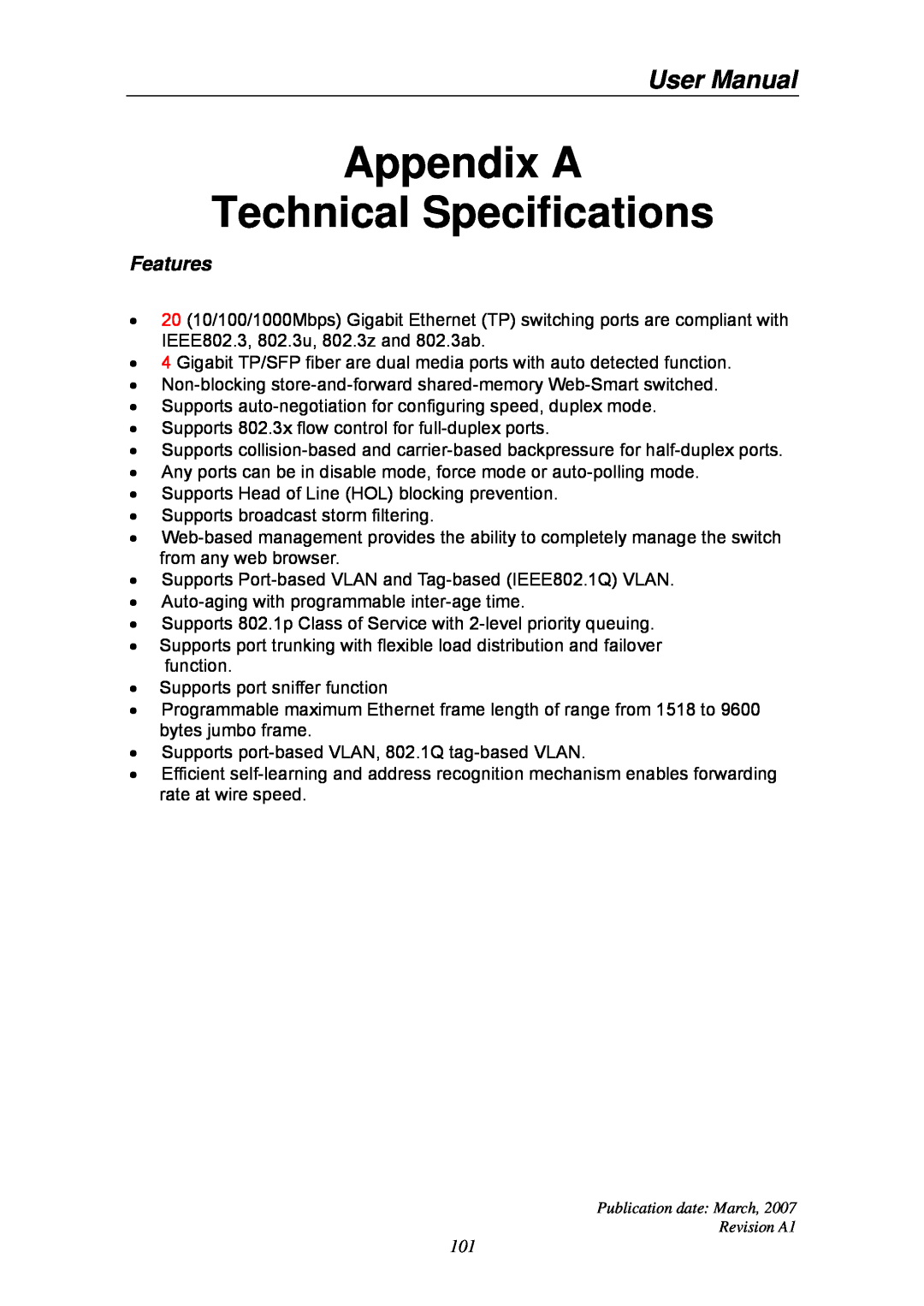 Ruby Tech GS-1224L manual Appendix A Technical Specifications, Features, User Manual 