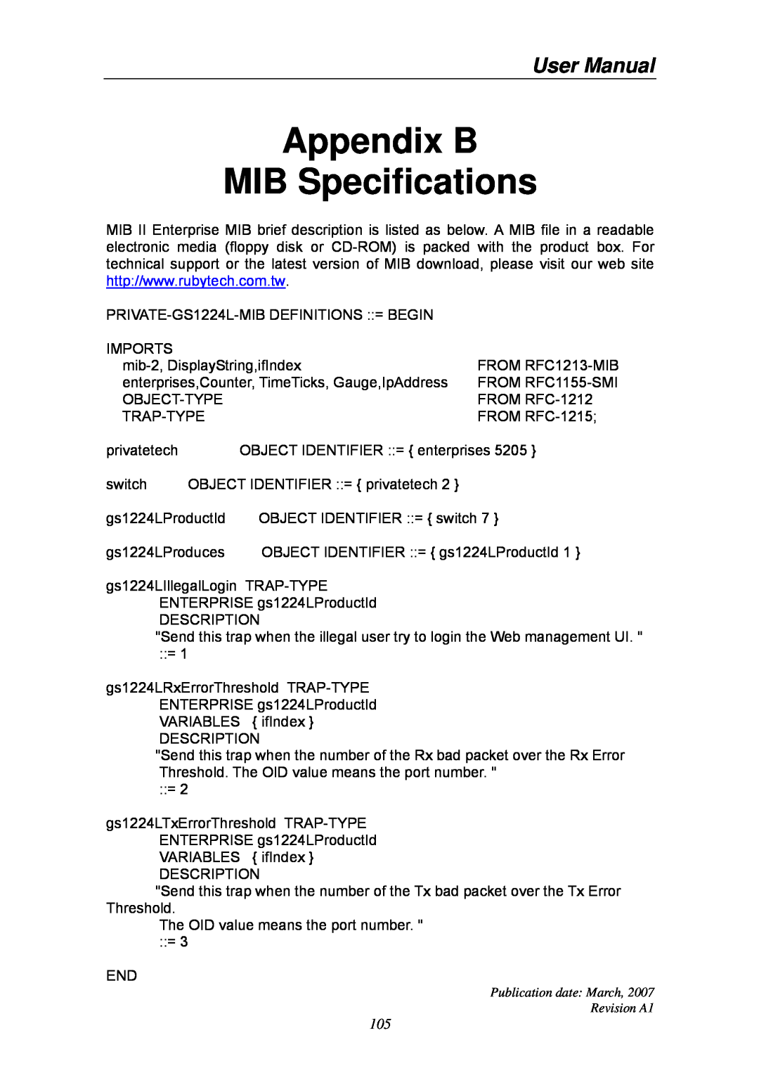 Ruby Tech GS-1224L manual Appendix B MIB Specifications, User Manual 