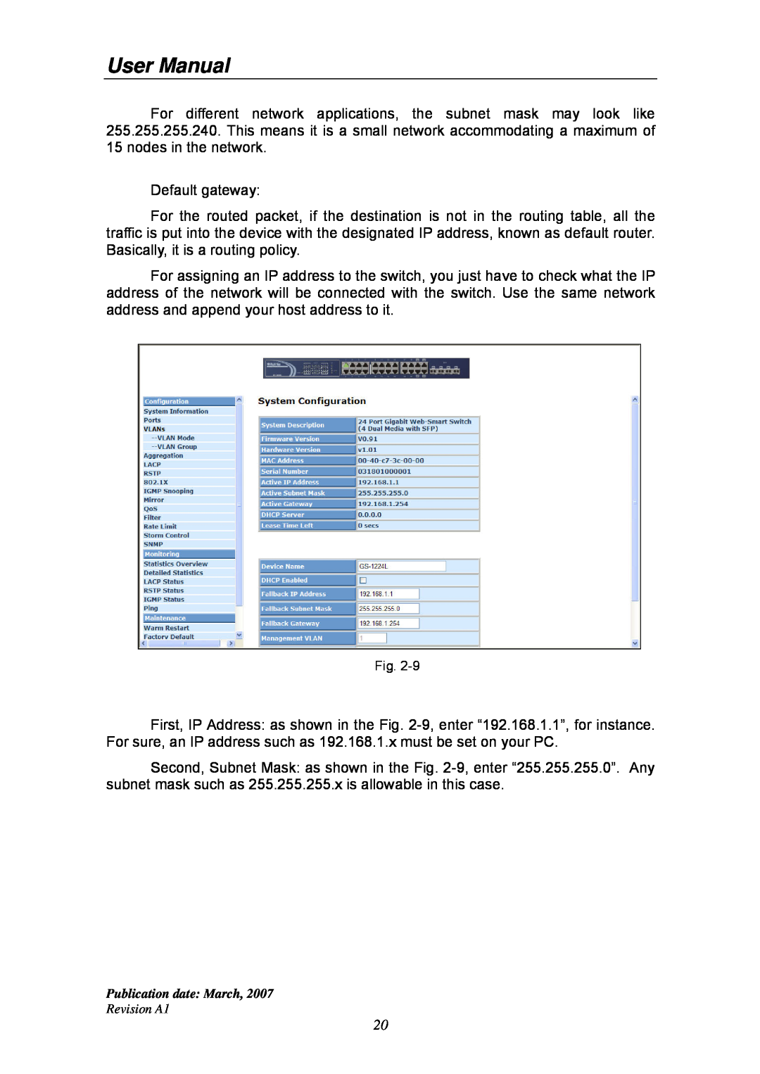 Ruby Tech GS-1224L manual User Manual, Default gateway 