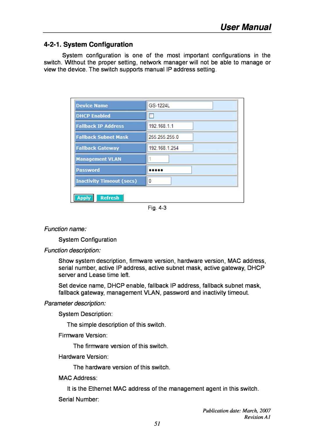 Ruby Tech GS-1224L manual System Configuration, Function name, Function description, Parameter description, User Manual 