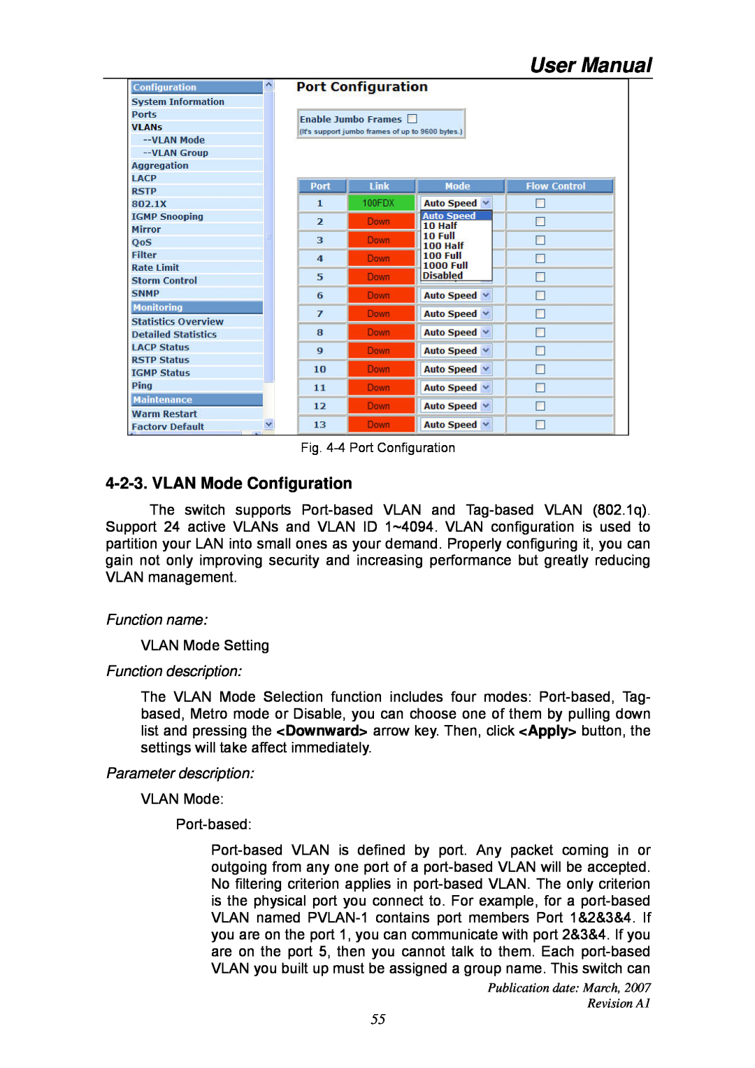 Ruby Tech GS-1224L manual VLAN Mode Configuration, User Manual, Function name, Function description, Parameter description 