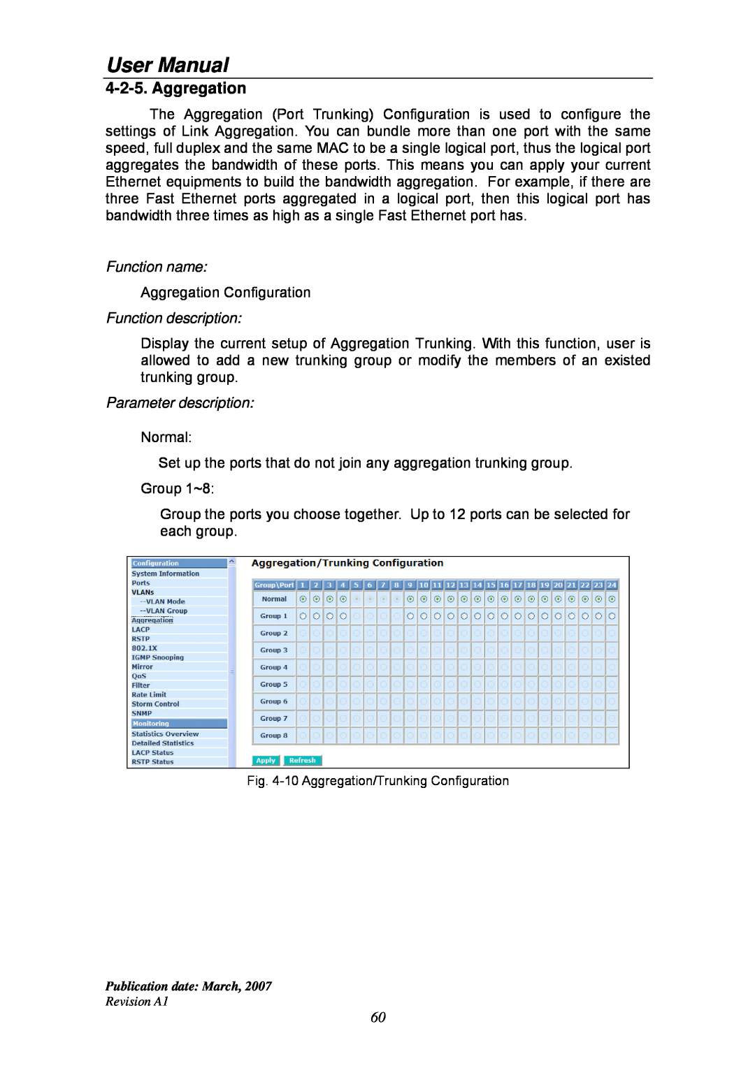 Ruby Tech GS-1224L manual Aggregation, User Manual, Function name, Function description, Parameter description 